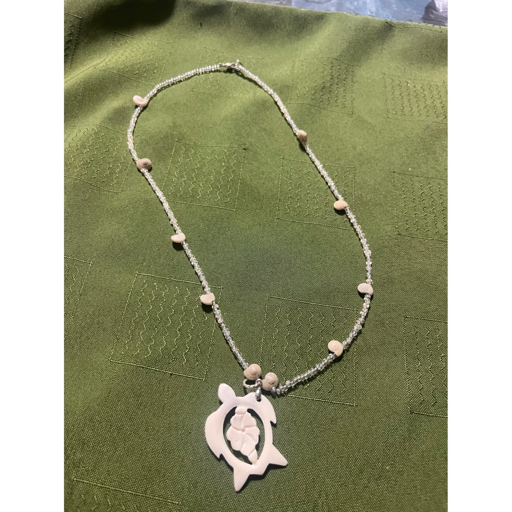 Handmade Sea Turtle Beaded Necklace White Carved Pendant Beach Jewelry